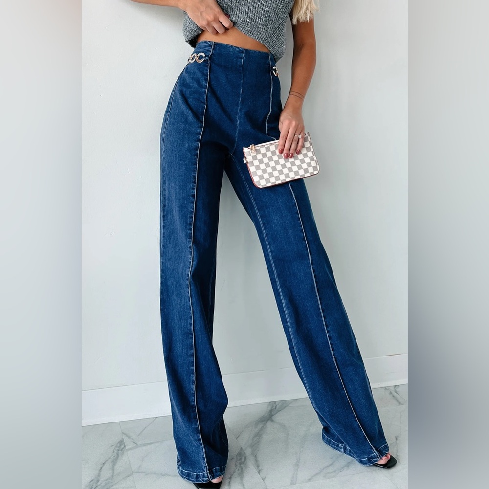 Marietta High Waisted Chain Detail Bootcut Jeans (Dark Wash) - New!!